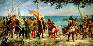Colombo chega a América, e, com ele, a cruz de Cristo. Pintura de José Garnelo Alda (1866- 1945) feita em 1882.